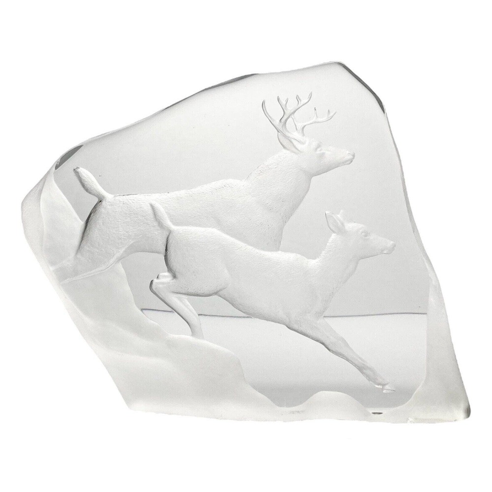 Mats Jonasson “Deer, Doe & Buck” Crystal Swedish Paperweight Sculpture 7” Signed
